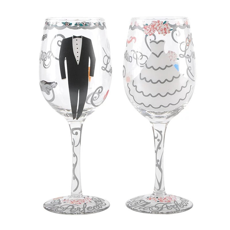 Hand-Painted Bride &amp; Groom Wine Glass