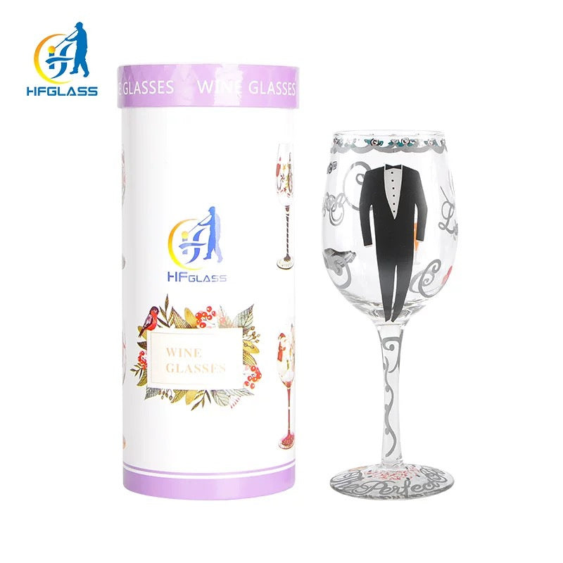 Hand-Painted Bride &amp; Groom Wine Glass